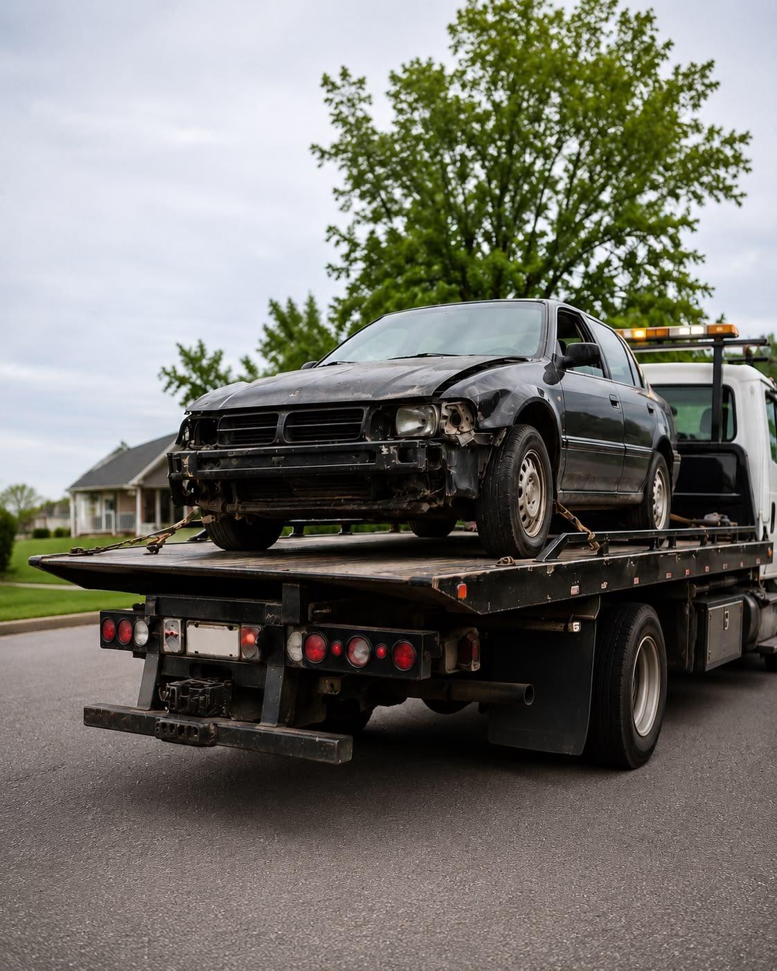 Voiture accidentée chargée sur un camion plateau